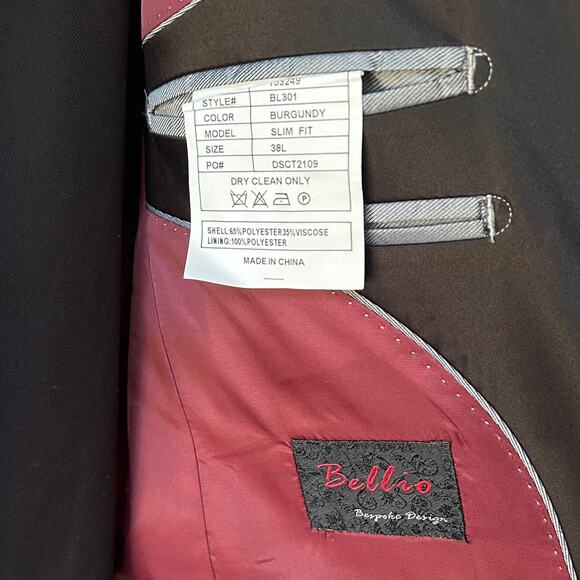 GUC Bellio Slim Fit Burgundy/Black 1-button Tuxedo Jacket (38L) & Pants (32L) - Picture 11 of 12